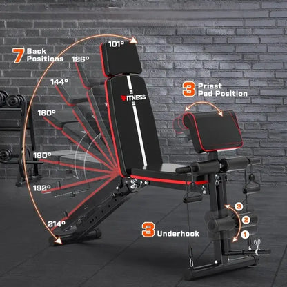 Adjustable weight bench with 7 backrest positions, 3 preacher pad settings, and 3-level underhook support for versatile home gym workouts