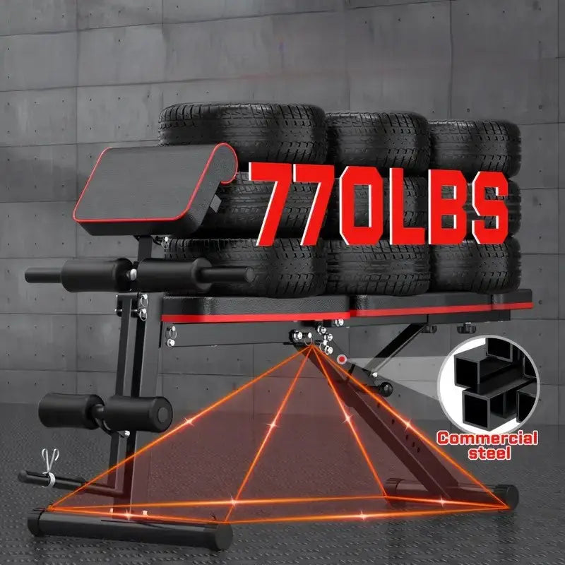 Heavy-duty weight bench with 770lbs load capacity, reinforced commercial steel frame, and stable triangular support for intense home gym workouts