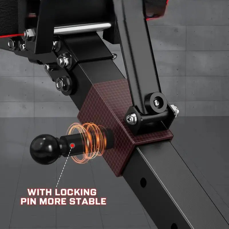 Close-up of adjustable weight bench featuring secure locking pin mechanism for enhanced stability and user safety during workouts