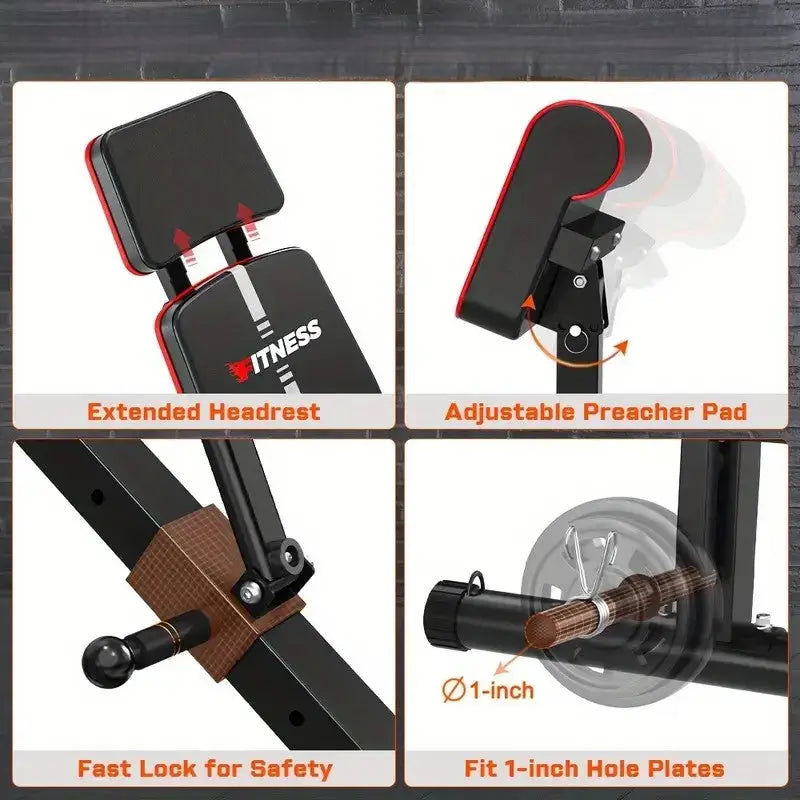 Adjustable weight bench highlighting extended headrest, adjustable preacher pad, fast locking safety pin, and compatibility with 1-inch weight plates