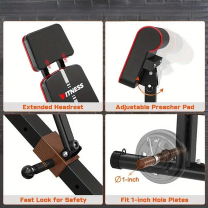 Adjustable weight bench highlighting extended headrest, adjustable preacher pad, fast locking safety pin, and compatibility with 1-inch weight plates