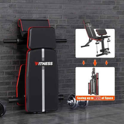 Foldable adjustable weight bench shown in upright storage position, highlighting compact design with 85% space-saving for home gym organization