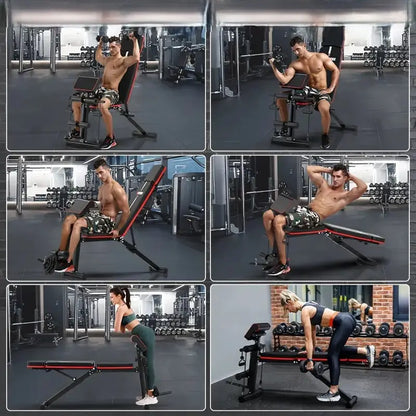 Athletes demonstrating full-body workout variations on an adjustable weight bench including shoulder press, bicep curl, sit-ups, back extension, and leg raises in a home gym and fitness studio environment