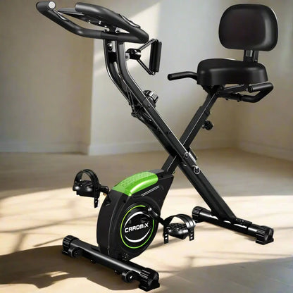 Foldable upright exercise bike with padded backrest and resistance bands for full-body home workout and cardio training