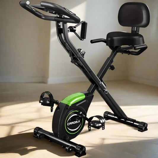 Foldable upright exercise bike with padded backrest and resistance bands for full-body home workout and cardio training
