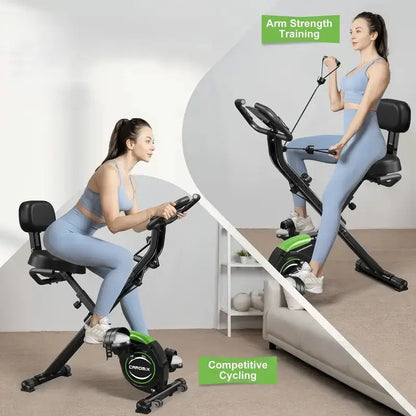Woman demonstrating competitive cycling and resistance band arm workouts on a foldable upright exercise bike for home fitness
