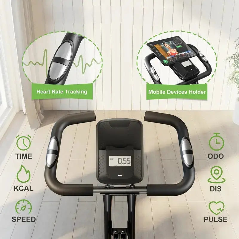Exercise bike handlebar view showing LCD display with heart rate tracking, mobile device holder, and workout metrics including time, speed, calories, distance, and pulse