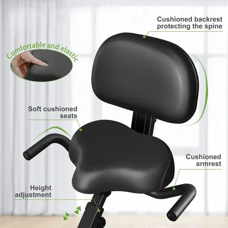 Close-up of exercise bike seat featuring soft cushioned seat, height adjustment, cushioned backrest for spine support, and armrests for added comfort