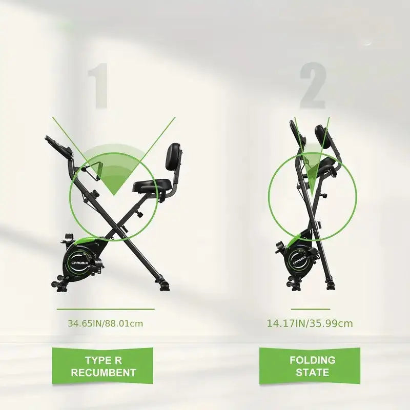 Comparison of foldable recumbent exercise bike in full-size and folded state, showing compact 14.17in width for easy storage and 34.65in setup length for workouts