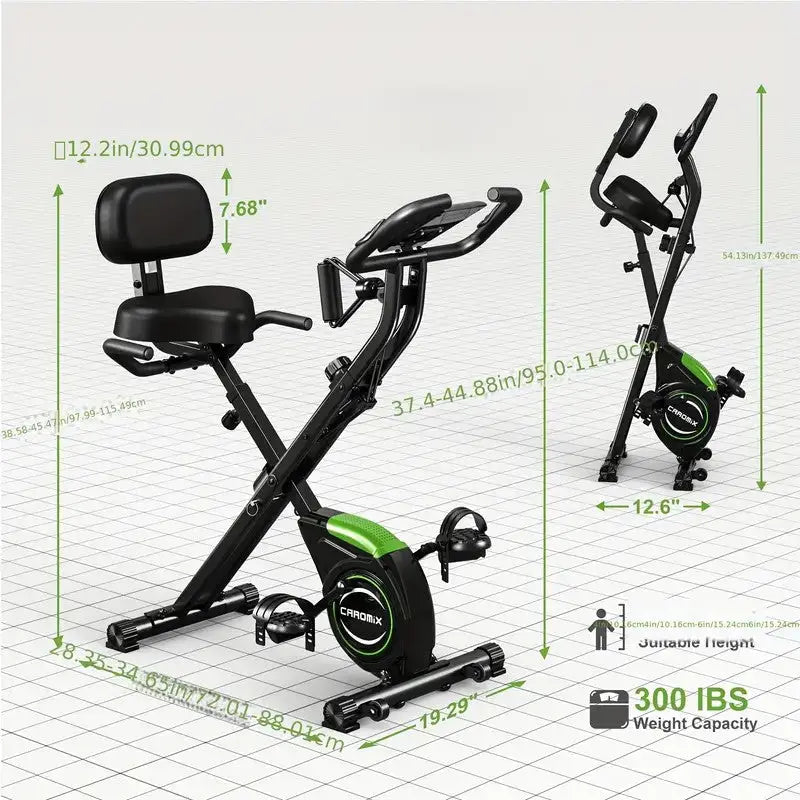 Adjustable folding exercise bike with labeled dimensions, backrest, and seat height; supports up to 300 lbs weight capacity, suitable for heights 4.1ft to 6.6ft