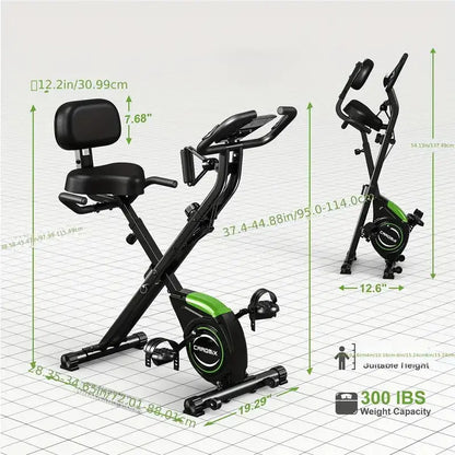 Adjustable folding exercise bike with labeled dimensions, backrest, and seat height; supports up to 300 lbs weight capacity, suitable for heights 4.1ft to 6.6ft