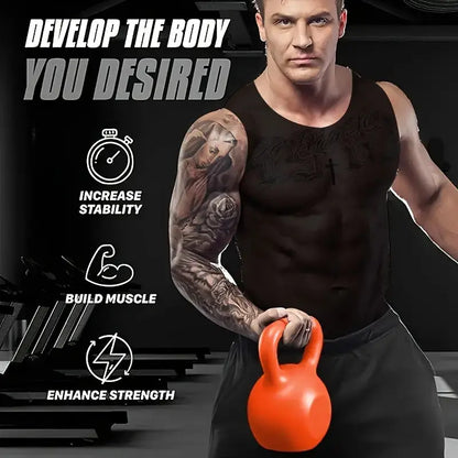 Man holding orange kettlebell showcasing benefits of kettlebell training including stability, muscle building, and strength enhancement
