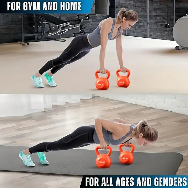 Woman performing push-ups using orange kettlebells at home and in the gym, highlighting versatile workout use for all ages and genders