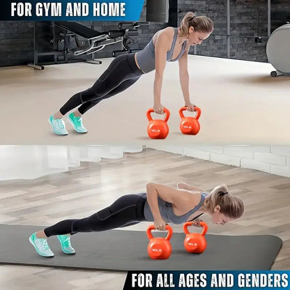 Woman performing push-ups using orange kettlebells at home and in the gym, highlighting versatile workout use for all ages and genders