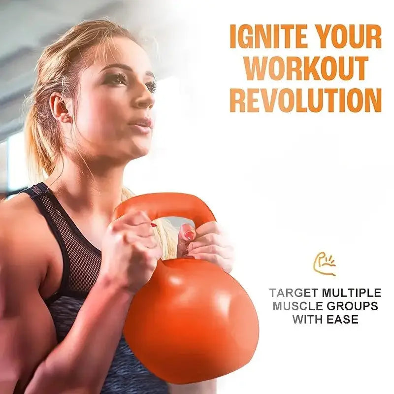 Fit woman holding an orange kettlebell during strength training, promoting full-body workouts to target multiple muscle groups with ease