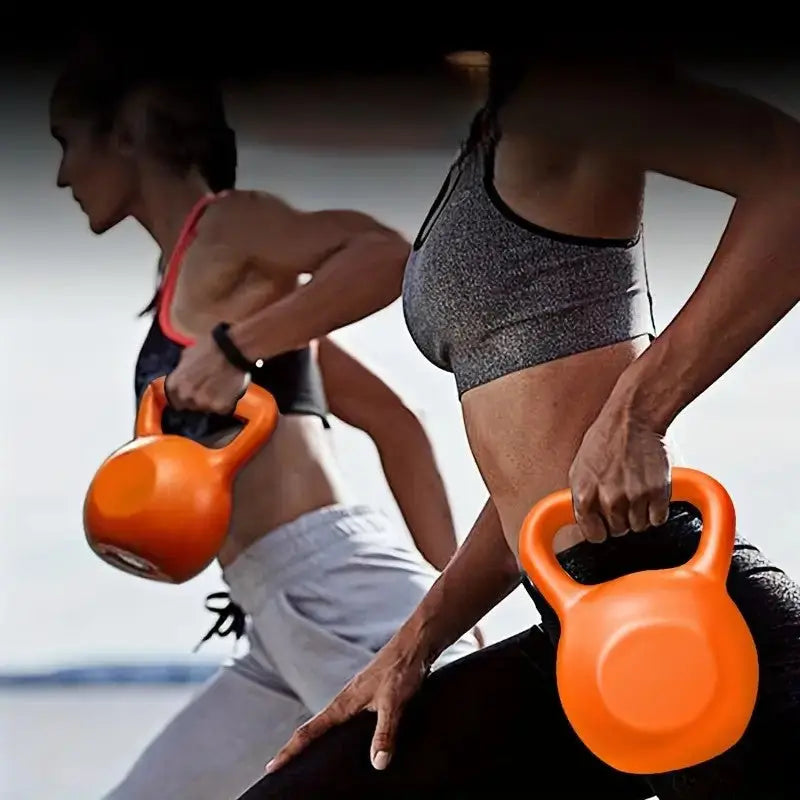 Two fit women exercising outdoors with orange kettlebells, showcasing strength training and cardio endurance for a full-body workout