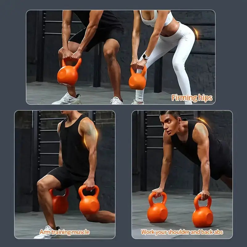 Men and women performing full-body kettlebell workouts including squats, lunges, and push-ups to target arms, hips, shoulders, and abs