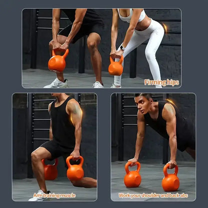 Men and women performing full-body kettlebell workouts including squats, lunges, and push-ups to target arms, hips, shoulders, and abs