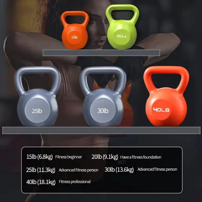 Variety of kettlebell weight options ranging from 15lb to 40lb, ideal for beginners to fitness professionals to build strength and endurance