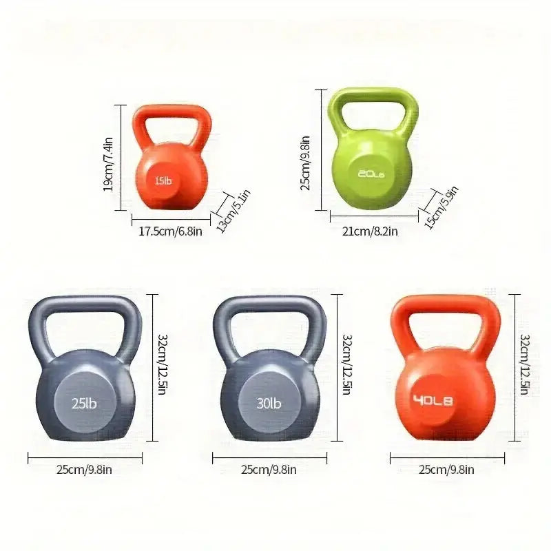 Kettlebell size and weight dimensions chart displaying 15lb, 20lb, 25lb, 30lb, and 40lb options with height and width measurements