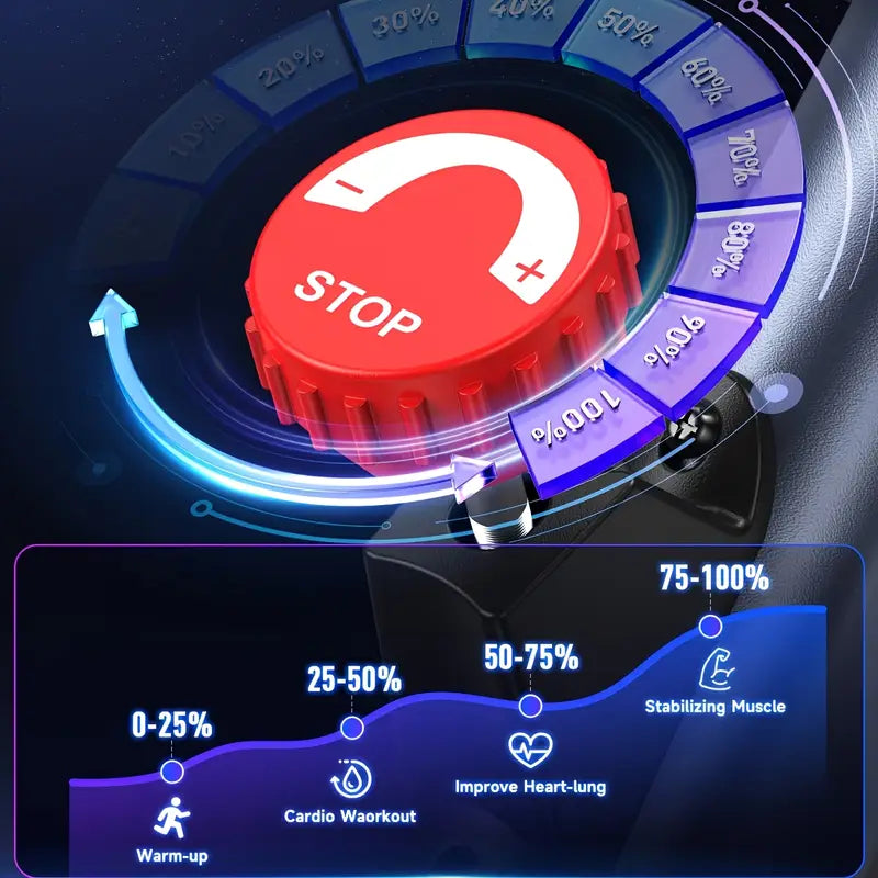 Red 'STOP' button with a circular gauge and health indicator on a dark background