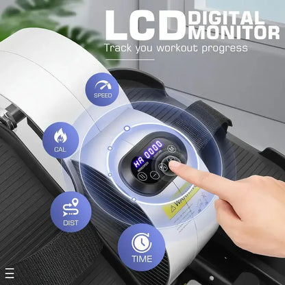 Close-up of LCD digital monitor on under-desk elliptical showing speed, calories, distance, and time tracking