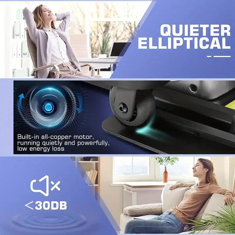 Seated elliptical exercise machine with ultra-quiet performance for noise-free use