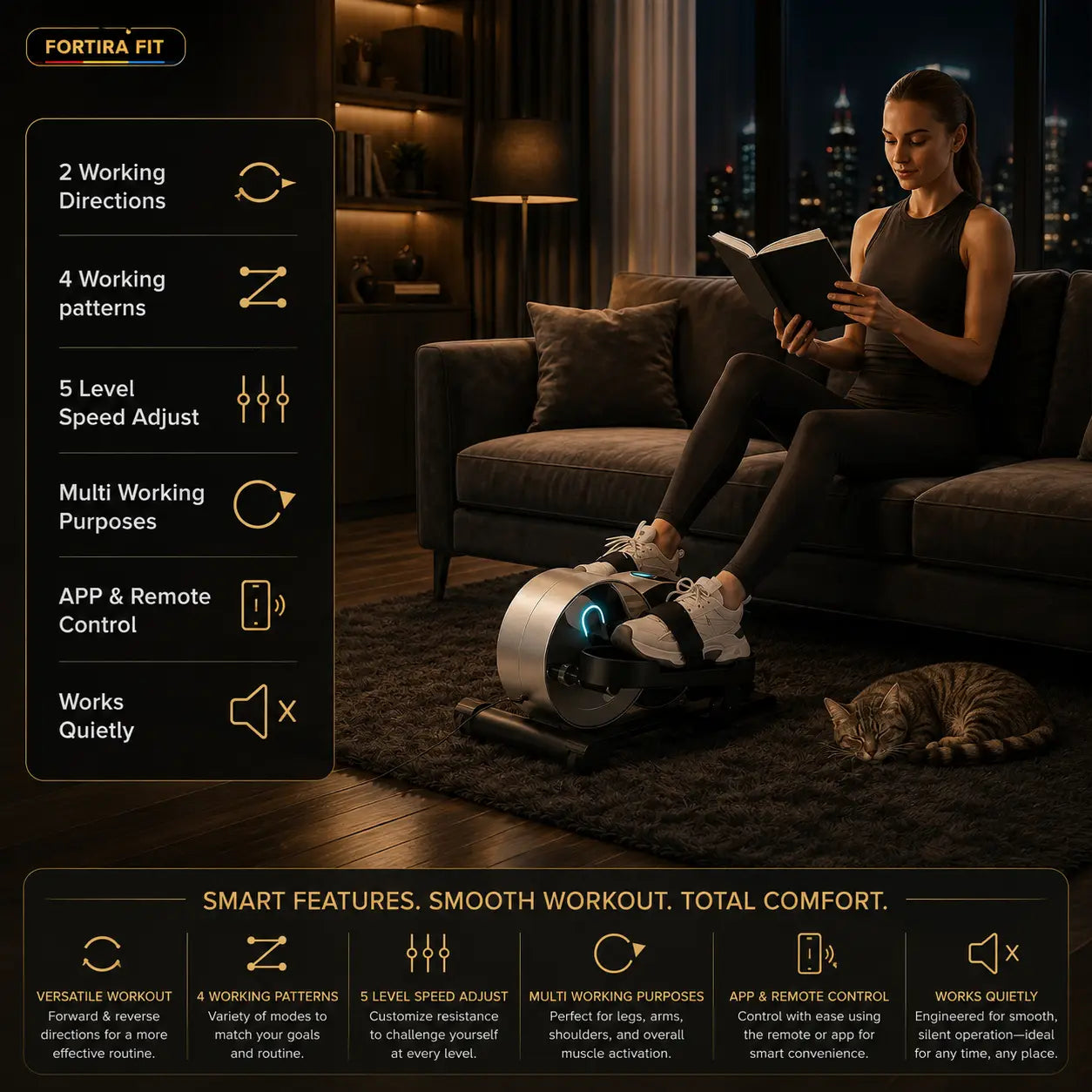 Electric Under Desk Elliptical w/ App and Remote Fortira Fitness