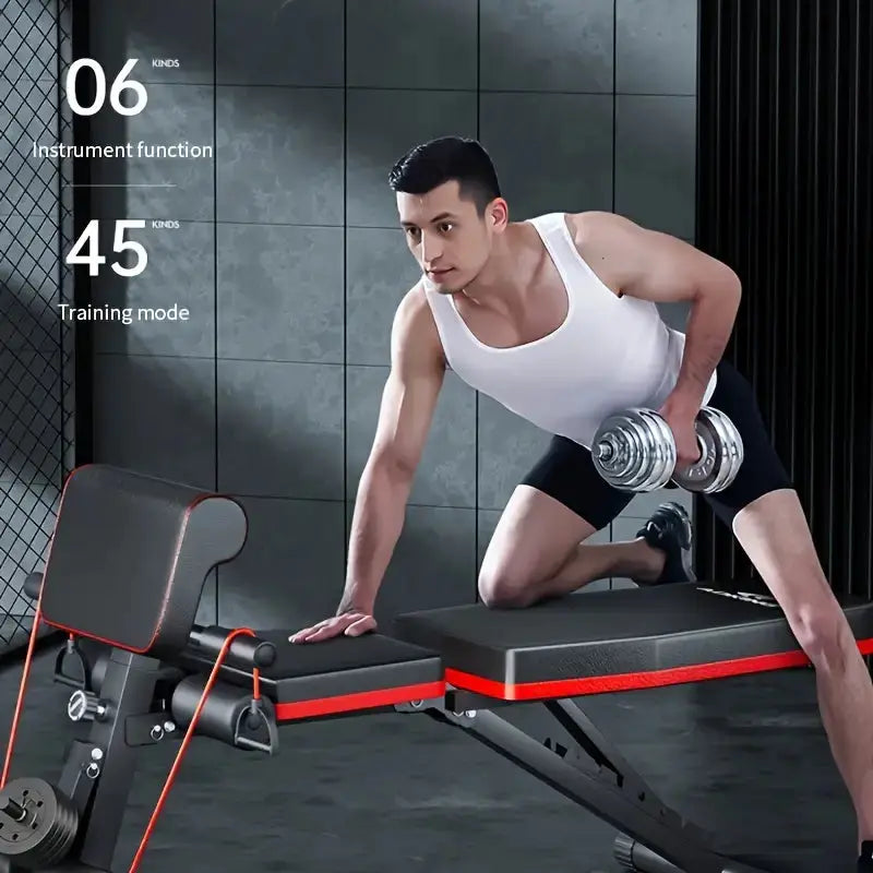 Man performing dumbbell row on foldable adjustable weight bench with resistance bands, featuring 6 functions and 45 training modes for full-body home workouts