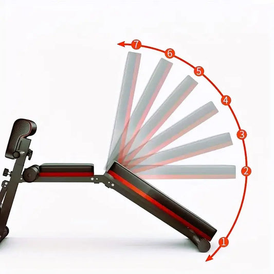 Adjustable weight bench with 7-position backrest angle settings for incline, flat, and decline workouts, ideal for strength training and home gyms