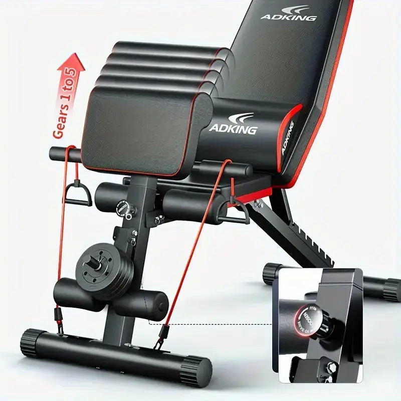 Adjustable preacher curl bench with 5-level height settings, resistance bands, and padded support for targeted arm and bicep workouts.