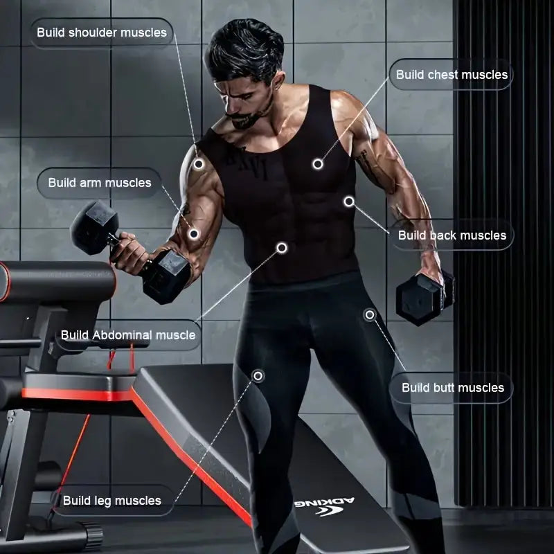 Man using workout bench with dumbbells, highlighting targeted muscle groups including chest, arms, shoulders, back, abs, glutes, and legs for full-body strength training