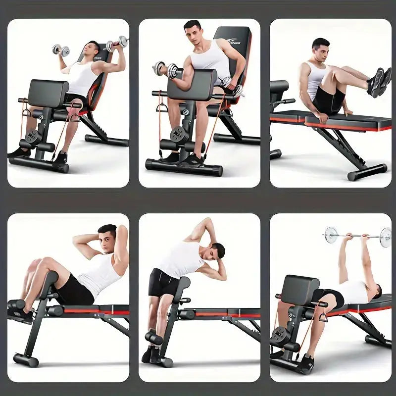 Six-in-one image showcasing men and women performing multiple exercises on the foldable workout bench including dumbbell press, preacher curls, leg raises, sit-ups, oblique crunches, and barbell press for full-body training