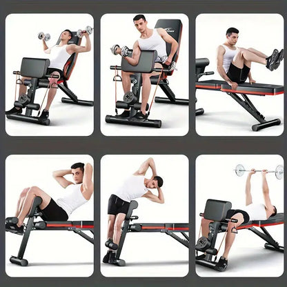 Six-in-one image showcasing men and women performing multiple exercises on the foldable workout bench including dumbbell press, preacher curls, leg raises, sit-ups, oblique crunches, and barbell press for full-body training