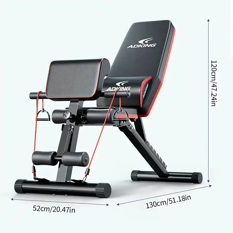 Adjustable and foldable workout bench with detailed dimensions—130cm length, 52cm width, and 120cm height—ideal for full-body strength training and home gym use