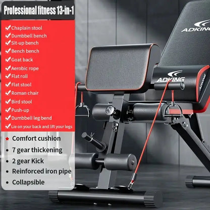 Multifunctional 13-in-1 foldable workout bench with comfort cushion, reinforced iron pipe, and 7-gear adjustments—ideal for full-body strength training, sit-ups, dumbbell workouts, Roman chair, and push-ups.