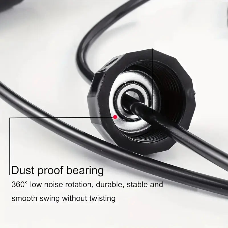 Close-up of dustproof bearing on jump rope with 360-degree low noise rotation, ensuring smooth, stable, and tangle-free swing for intense cardio workouts