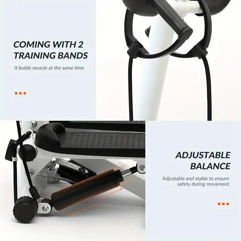 Mini stepper exercise machine featuring dual training resistance bands and adjustable balance hydraulic rod for enhanced stability and muscle training