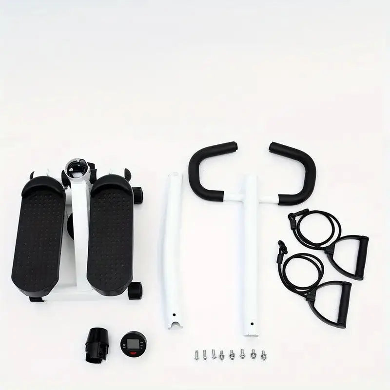 Unassembled mini stepper workout machine with handlebar, resistance bands, LCD monitor, and hardware accessories for home gym setup
