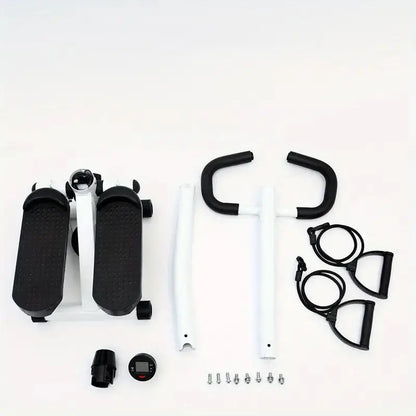 Unassembled mini stepper workout machine with handlebar, resistance bands, LCD monitor, and hardware accessories for home gym setup