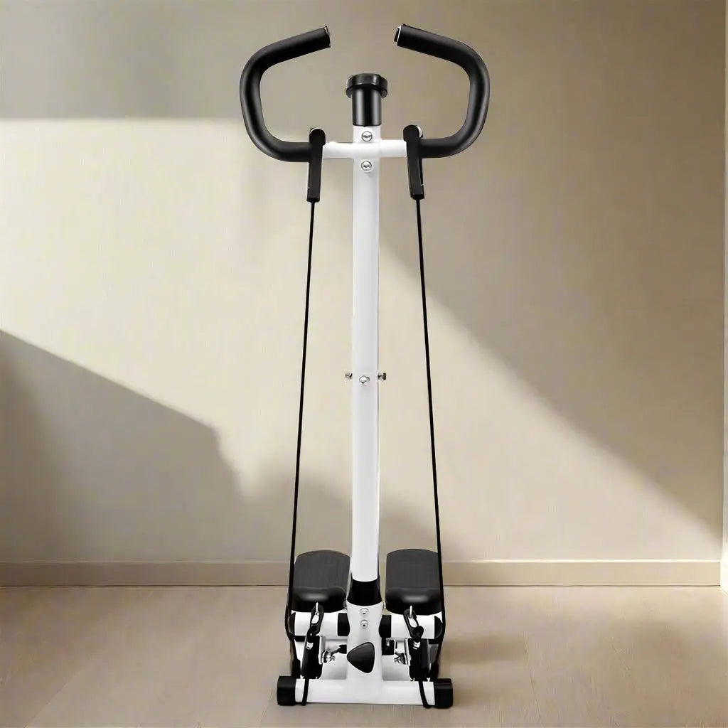 Compact mini stepper machine with handlebars and resistance bands for full-body cardio and strength training at home