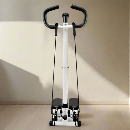 Compact mini stepper machine with handlebars and resistance bands for full-body cardio and strength training at home