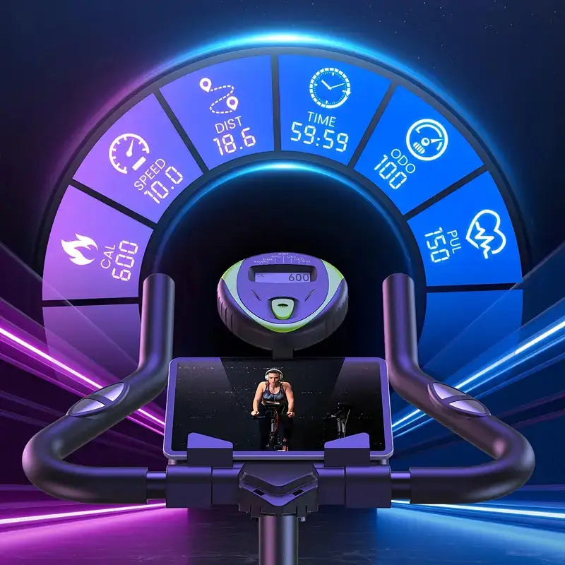 Exercise bike LCD screen showing speed, distance, time, calories, odometer, and pulse with phone holder for virtual workouts