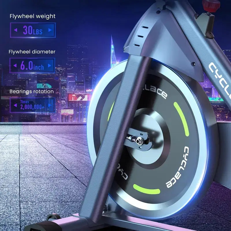 Cyclace exercise bike flywheel with 30-pound weight, 6-inch diameter, and durable 2-million rotation bearing system