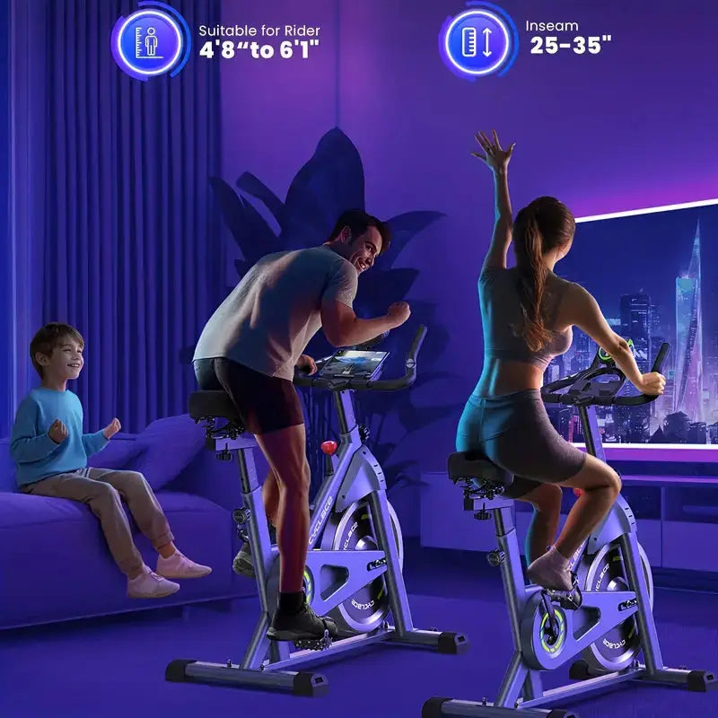 Indoor exercise bike suitable for riders from 4'8'' to 6'1'' with adjustable inseam height range from 25 to 35 inches