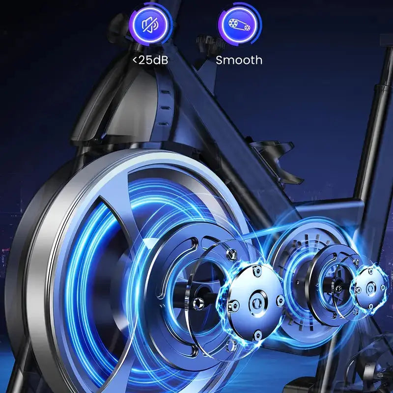 Smooth and ultra-quiet exercise bike flywheel system with noise level under 25dB for a silent home workout experience