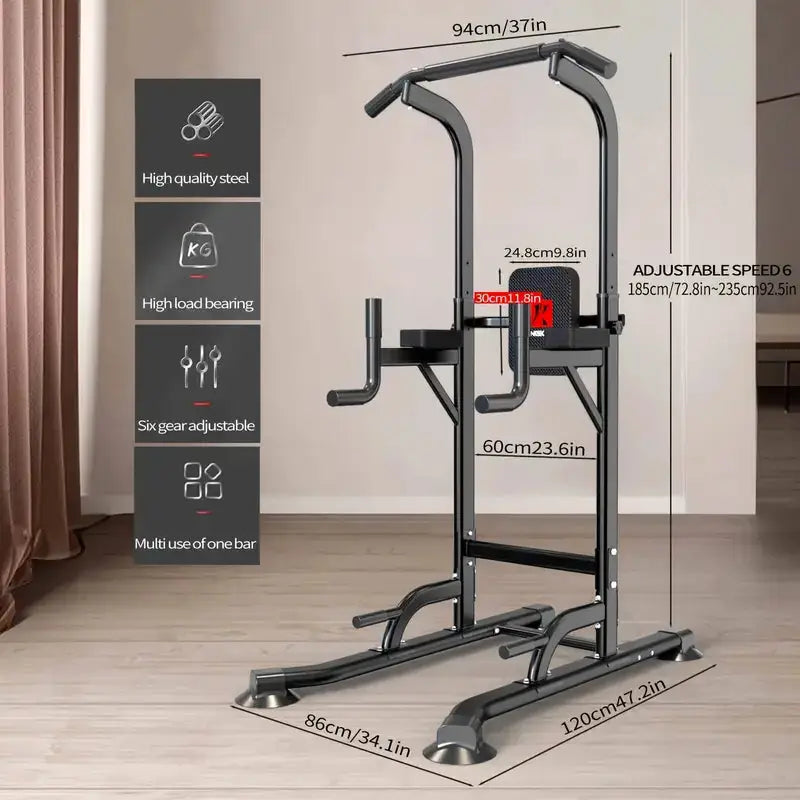 Adjustable power tower dip station with steel frame, six gear height adjustment, and detailed size specifications for home strength training