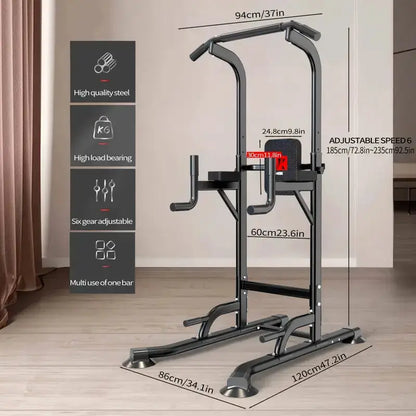 Adjustable power tower dip station with steel frame, six gear height adjustment, and detailed size specifications for home strength training