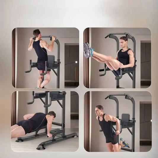 Man performing pull-ups, leg raises, push-ups, and dips using a multifunctional power tower dip station for full-body strength training