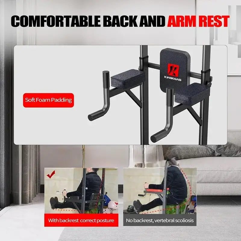 Power tower dip station with soft foam padded backrest and armrests for improved posture, comfort, and spinal alignment support